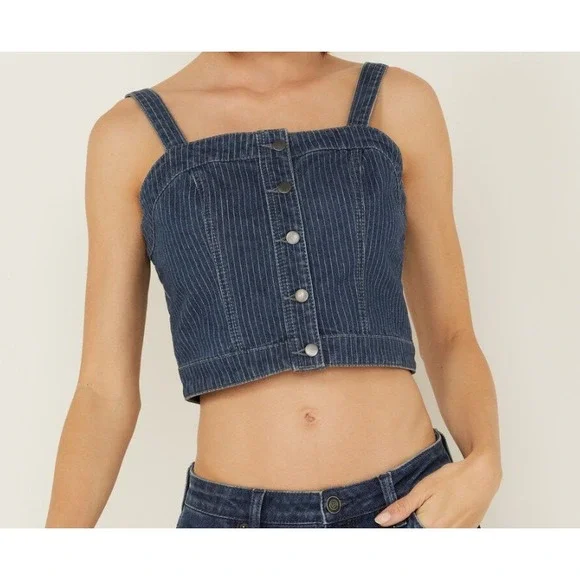 Rock & Roll Denim Women's Dark Wash Pinstripe Denim Corset Crop Top NWT XS - Picture 1 of 10
